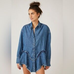 Free People We the Free Freya Denim Button-Front Tunic Dress Large Oversize